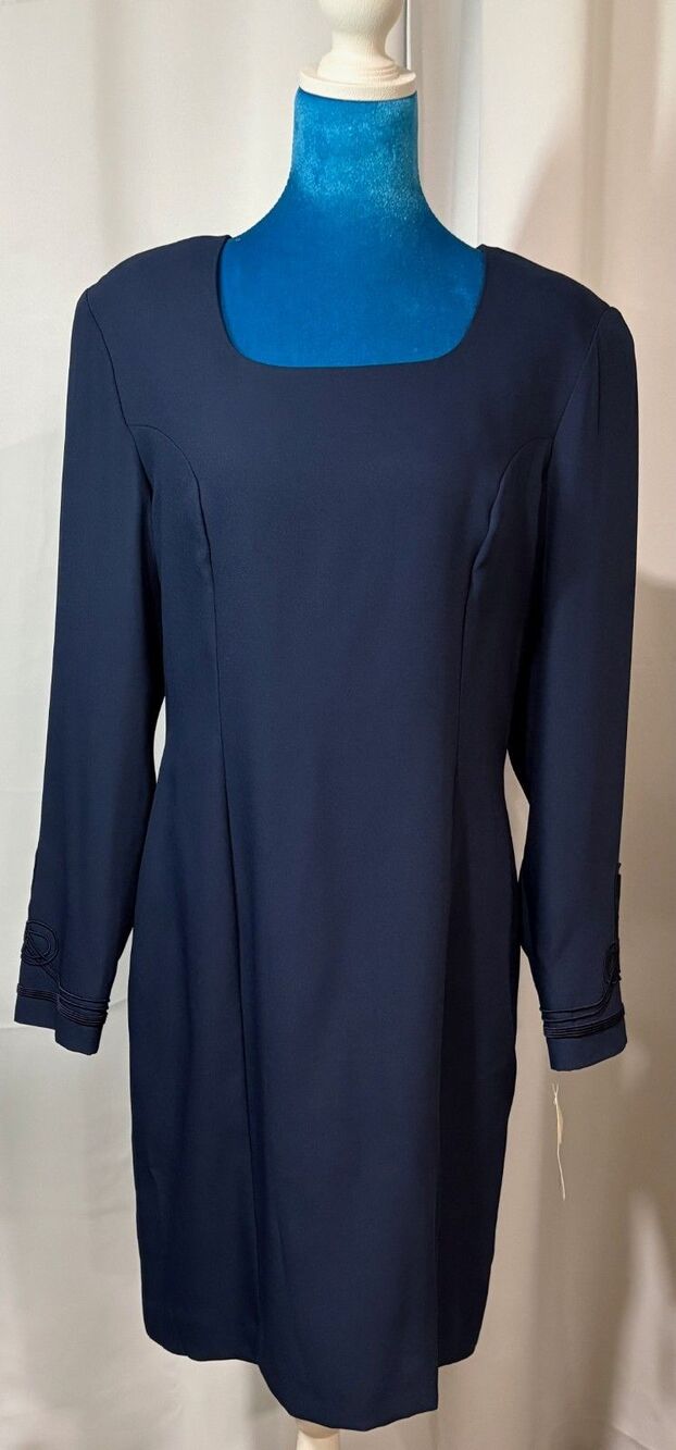 Casual Corner Navy Blue Sheath Dress Size 12 Embroidered Cuff Career NWT